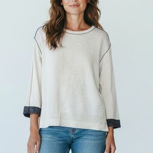 T by TALBOTS | White Pointelle Open Knit Sweater size L Grey Trim 3/4 Sleeves